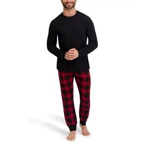 HANES Pajama Set Mens Medium Black Crew Red Check Flannel Sleep Set Sleepwear